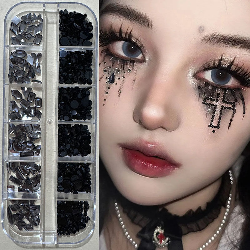 Black and Red Gothic Tearful Duchess Halloween Makeup with Red Alien-Shaped Diamonds, Blood and Tears Makeup, Red Diamond Face Decorations