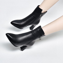 Cow Leather Soft Face Tube Bottes Femme 2023 Hiver New Pointy Thin Heel Short Boots Martin Bottes Femme Glint Warm