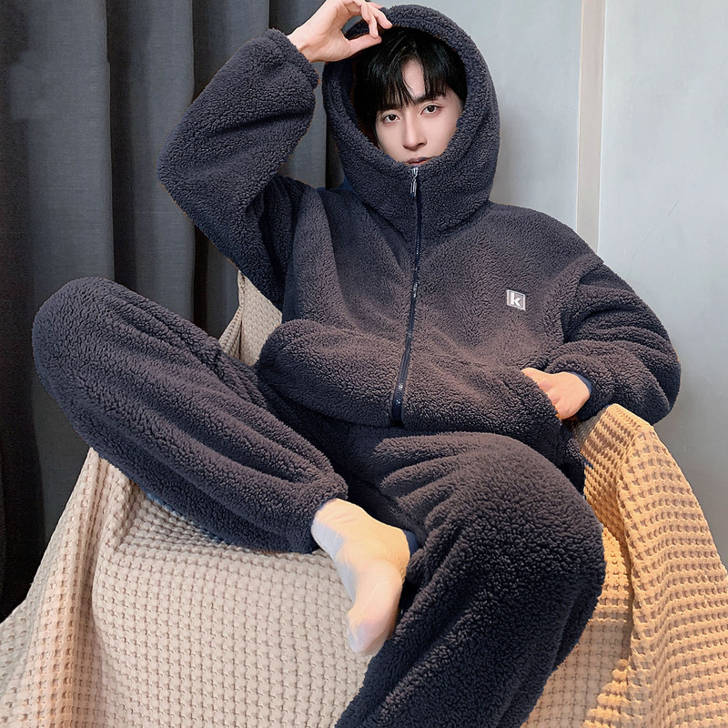 Men's Pajamas Autumn and Winter Coral Velvet Thickened Fleece-Lined 2026 New Hooded Boys' Youth Home Wear Set Men's Pajamas Autumn and Winter Coral Velvet Thickened Fleece-Lined 2026 New Hooded Boys' Youth Home Wear Set