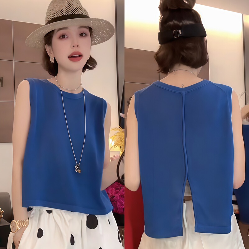 Back Slit Round Neck Sleeveless Vest for Women, Summer Outerwear, Thin Ice Silk Vest, 2026 New Style, Stylish Short Top