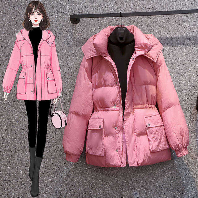 Large size pink down padded jacket women 2022 winter new loose foreign style thickened warm cotton padded hooded jacket women