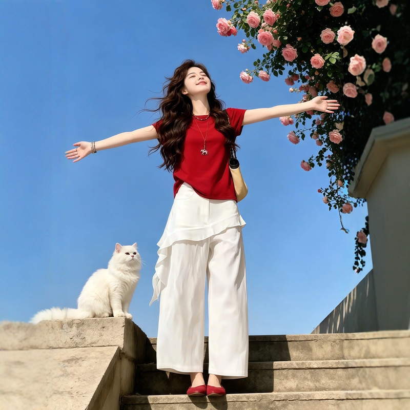 Summer Outfit: a Set of Plus-Size Red Knit Top with Wide-Leg Pants in a Vintage Style for Women