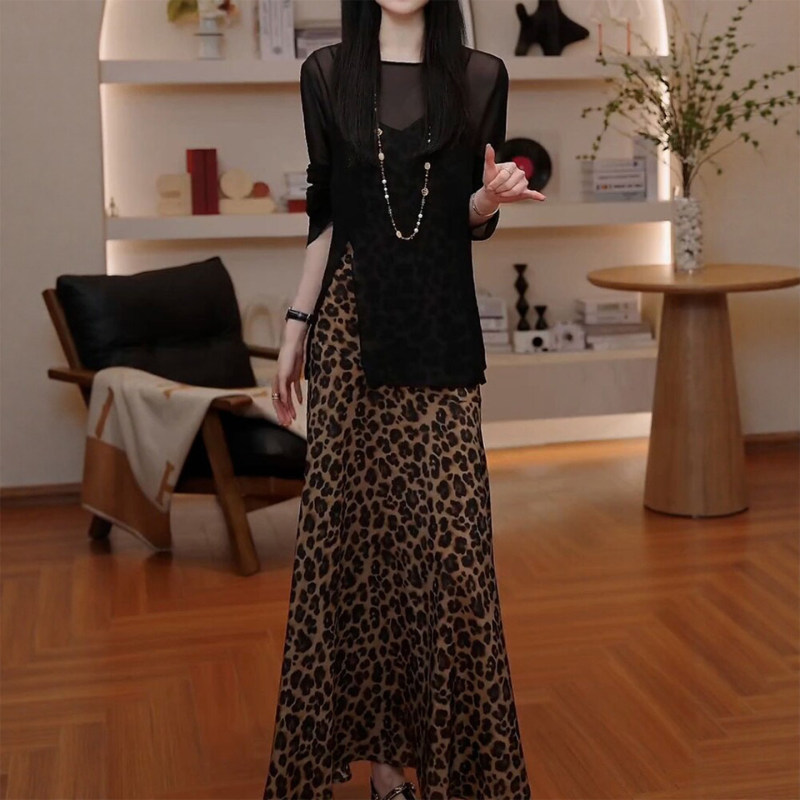 Summer Outfit Set for Plus-Size Women: Blouse, Leopard Print Camisole Dress, French Light Mature Style Suit for Women Summer Outfit Set for Plus-Size Women: Blouse, Leopard Print Camisole Dress, French Light Mature Style Suit for Women