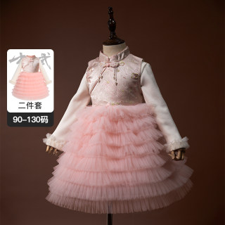 女童秋冬中国风旗袍连衣裙套装新年加绒公主裙生日礼服裙子蛋糕裙