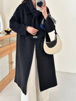 2025 winter new loose simple long woolen coat women's korean style scarf purely handmade double-sided wool coat