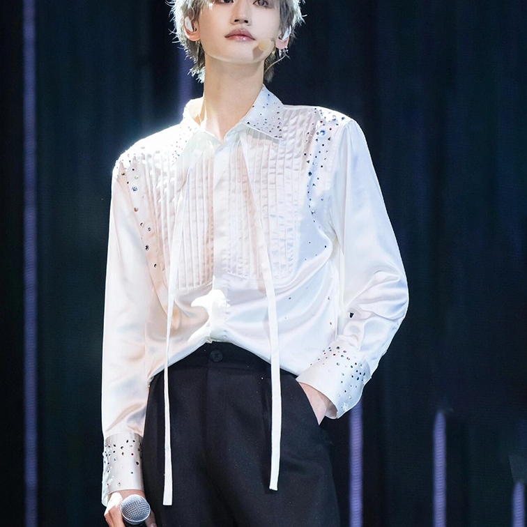 Celebrity-Style White Satin Shirt for Men and Women, Unique Pleated Patchwork, Atmospheric Rhinestone Embellishments, Ribbon Shirt, Trendy