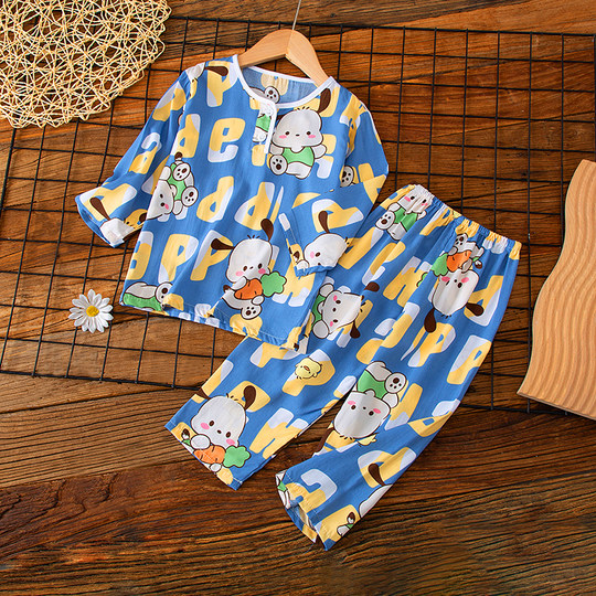 春季儿童棉绸睡衣男童空调服女童绵绸宝宝长袖居家服薄款亲子套装