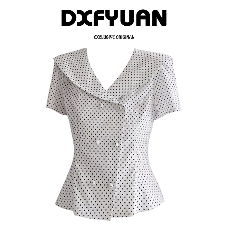 Korean-Style Navy Collar Short-Sleeved Shirt for Women, Summer Wear, Polka Dot, Regular Shoulder Shirt Jacket, Preppy Style, Slimming Short Top