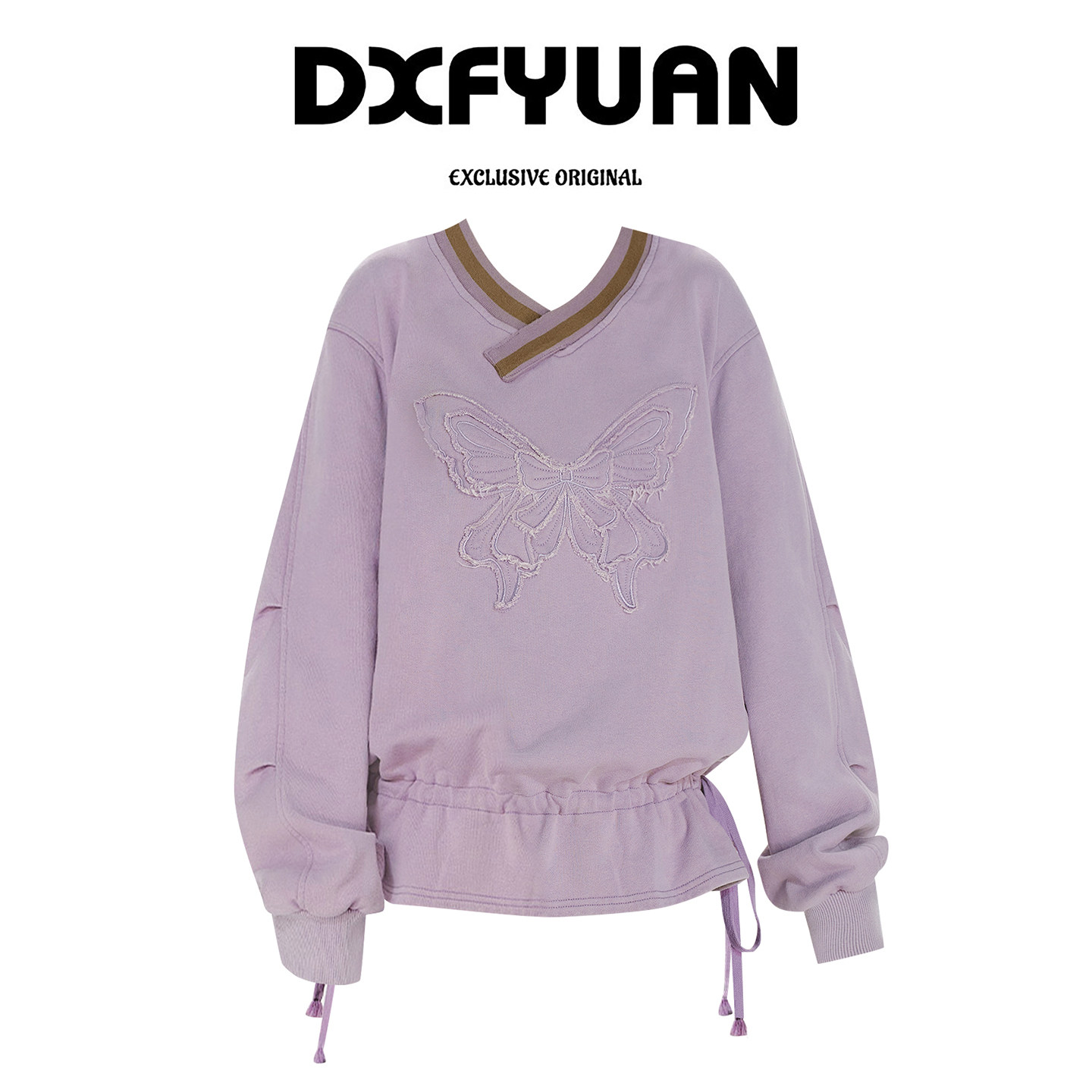 American retro purple embroidered V-neck long-sleeved sweatshirt, new autumn style, pleated loose fit, versatile design.