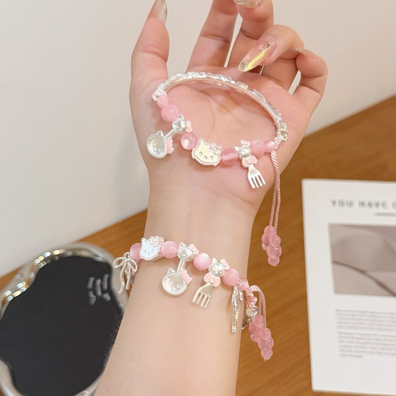Cute and Adorable Silver Kt Cat Pink Spoon and Fork Beaded Bracelet, High-End Sweet and Fashionable Bracelet, Gift for Girlfriend