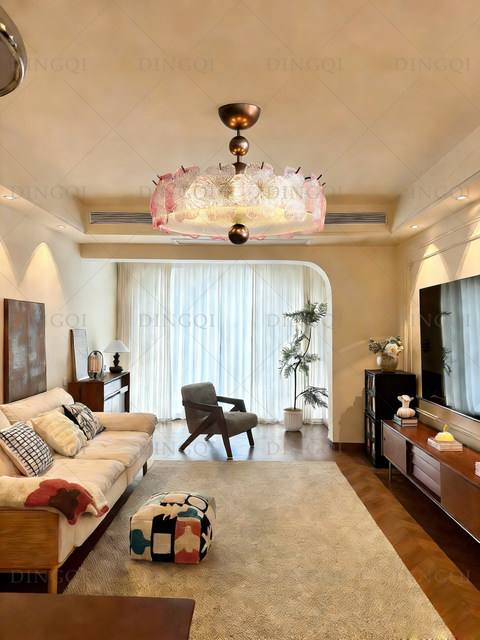 French-Style Vintage Ceiling Light for Living Room, Pink Glass Petals, Romantic Design, Cozy and Luxurious Dining Room Light, Bedroom Light