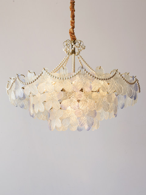 French-Style Living Room Chandelier, Light Luxury and Warm, Crystal Petals and Pearls, Bedroom and Dining Room, Post-Modern Minimalist Room Main Lighting Fixture