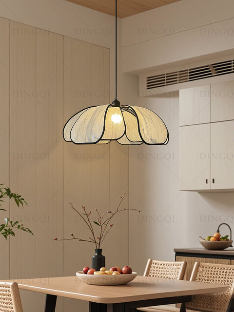 French Vintage Fabric Petal Dining Room Chandelier, Japanese Wabi-Sabi Style, Adjustable Height Bar Counter Tea Room Lighting