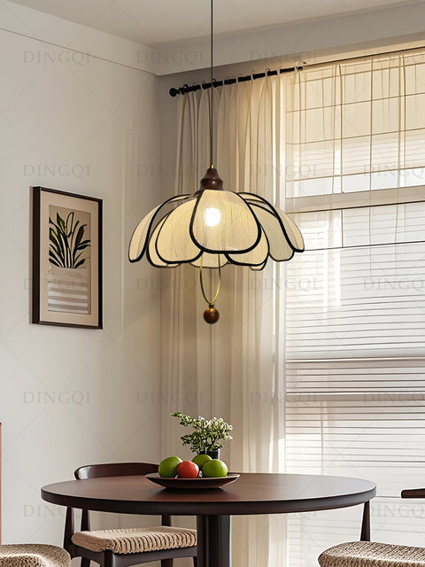 French Vintage Fabric Petal Dining Room Chandelier, Japanese Wabi-Sabi Style, Adjustable Height Bar Counter Tea Room Lighting