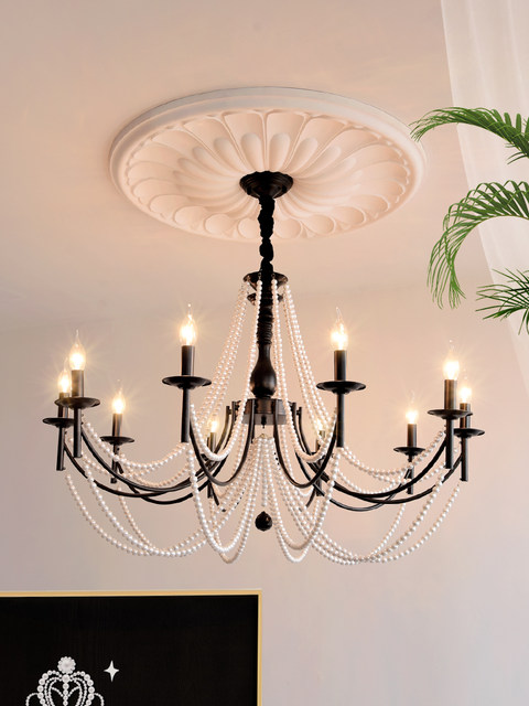 American Retro Chandelier, Living Room Lamp, French Palace Style Candle Lamp, Villa Romantic Pearl Dining Room Bedroom Master Bedroom Lamp