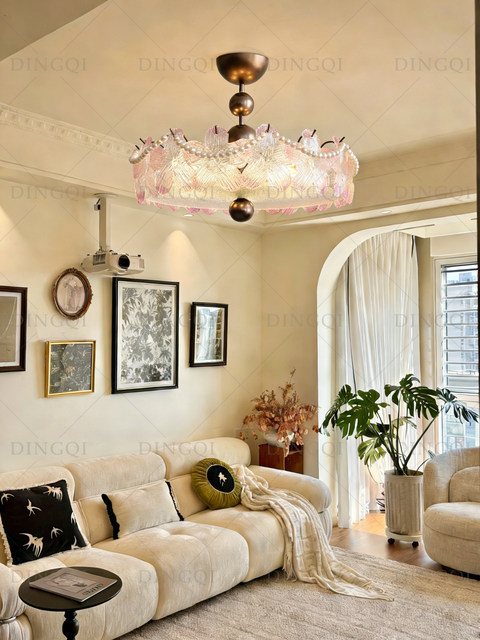 French-Style Vintage Ceiling Lamp Bedroom Light Retro Romantic Pink Glass Flower Main Bedroom Warm Cream-Style Lighting Fixtures