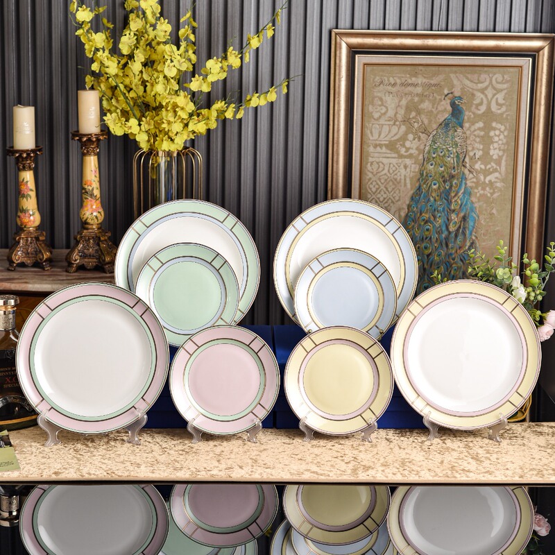 Genori Macaron Series Ceramic Tableware Western-Style Plate Light Luxury Style High-Value Plate Set Colorful Gold Border Genori Macaron Series Ceramic Tableware Western-Style Plate Light Luxury Style High-Value Plate Set Colorful Gold Border
