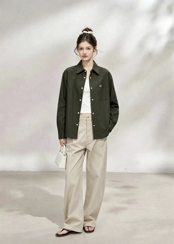 Besober Versatile Real Shell Button Embroidered Army Green Shirt for Women, Loose Casual Vintage Old Money Style Shirt for Autumn