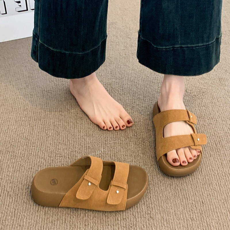 British Genuine Leather Thick-Soled Height-Increasing Birkenstock Sandals for Women, Summer 2026 New Model, Suitable for Wearing with Skirts, Beach Flip-Flops