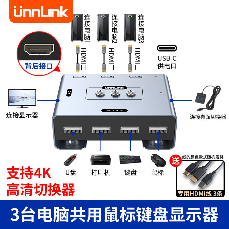 Kvm Switch HDMI Three-In-One-Out, One Set of Keyboard and Mouse to Control Three/Multiple Computers, Dual Hosts Share One Monitor, Multiple USB Sharing, Synchronized Distribution, Screen Switcher