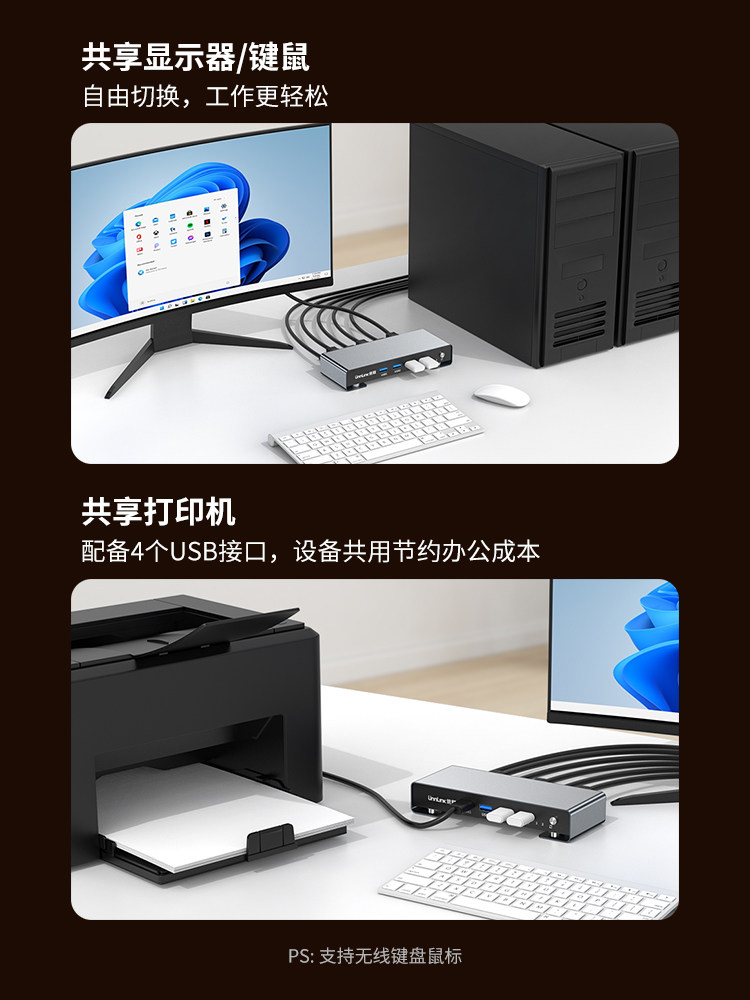 Kvm Switch HDMI Two-In-One-Out, One Set of Keyboard and Mouse to Control Two Computers, 4K144 High Refresh Rate, Dual Hosts Share One Monitor, with Multiple USB Sharing and Synchronized Screen Switching