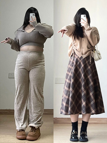 大码女装格子半身裙女复古长裙胖mm显瘦a字伞裙毛呢裙子高腰半裙