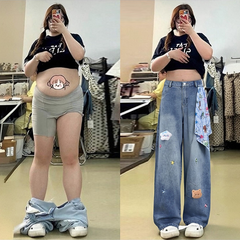 150kg Extra Large Size Pear-Shaped Jeans That Cover the Body and Make You Look Slimmer, Cartoon Style, Age-Reducing, Versatile Straight-Leg Pants for Plus-Size Women and Students