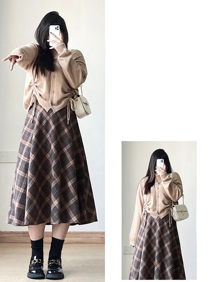 大码女装格子半身裙女复古长裙胖mm显瘦a字伞裙毛呢裙子高腰半裙