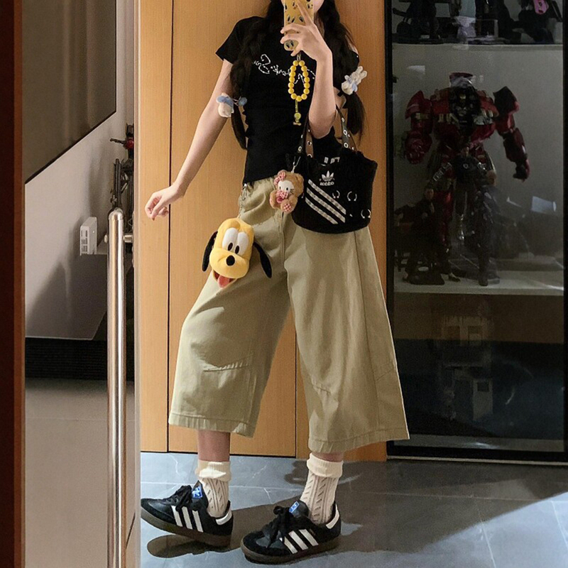 Plus Size Women's Clothing Khaki Simple Casual Wide-Leg Denim Capri Pants with a Particularly Good Fit Plus Size Women's Clothing Khaki Simple Casual Wide-Leg Denim Capri Pants with a Particularly Good Fit