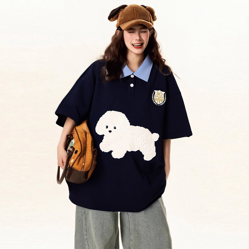 Plus Size Women's Japanese Style Cute Puppy Embroidered Polo Collar Short-Sleeved T-Shirt for Fat mm Unique and Beautiful Half-Sleeved Top