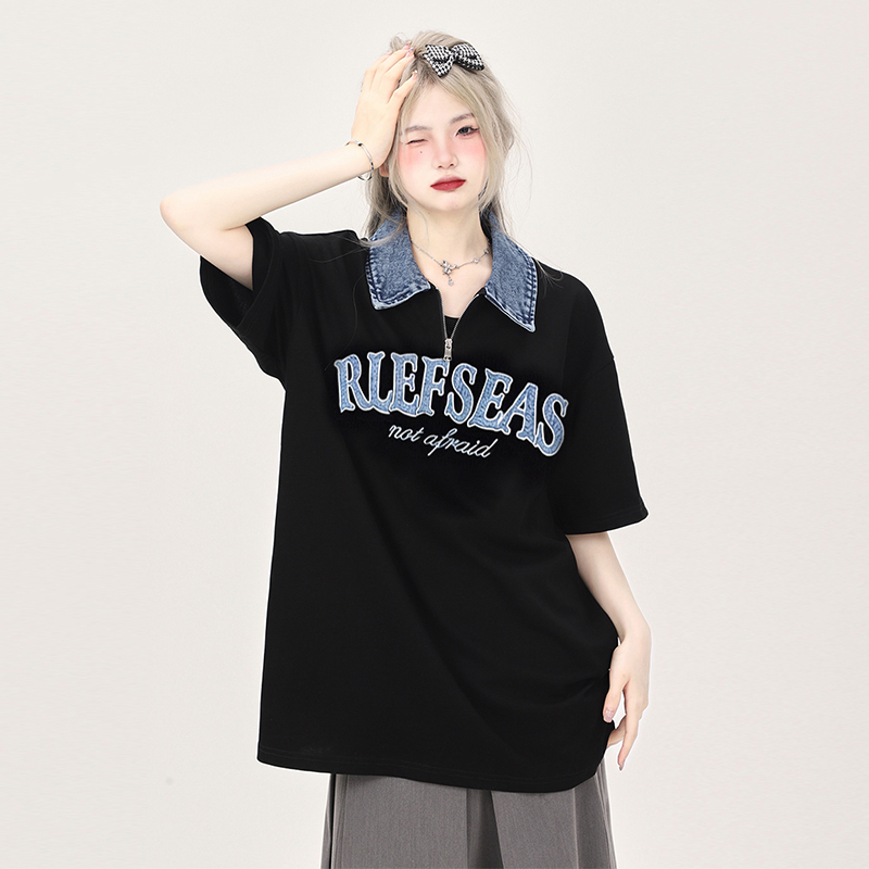 Plus Size Fat Girl American Retro Denim Polo Shirt Short-Sleeved T-Shirt Women's Summer Casual Loose Lapel Half-Sleeved Top Plus Size Fat Girl American Retro Denim Polo Shirt Short-Sleeved T-Shirt Women's Summer Casual Loose Lapel Half-Sleeved Top