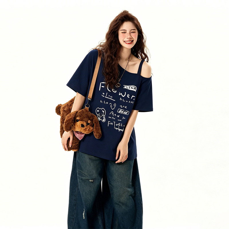 Extra Large Size Women's Navy Blue Off-Shoulder Short-Sleeved T-Shirt for Plus-Size Women, Summer Wear, Stylish Cartoon Print Top