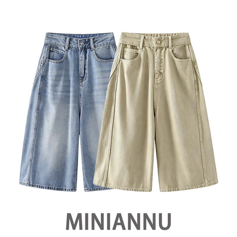 Plus Size Women's Khaki High-Waisted Cargo Denim Shorts for Pear-Shaped Body, Slimming Straight-Leg Capri Pants