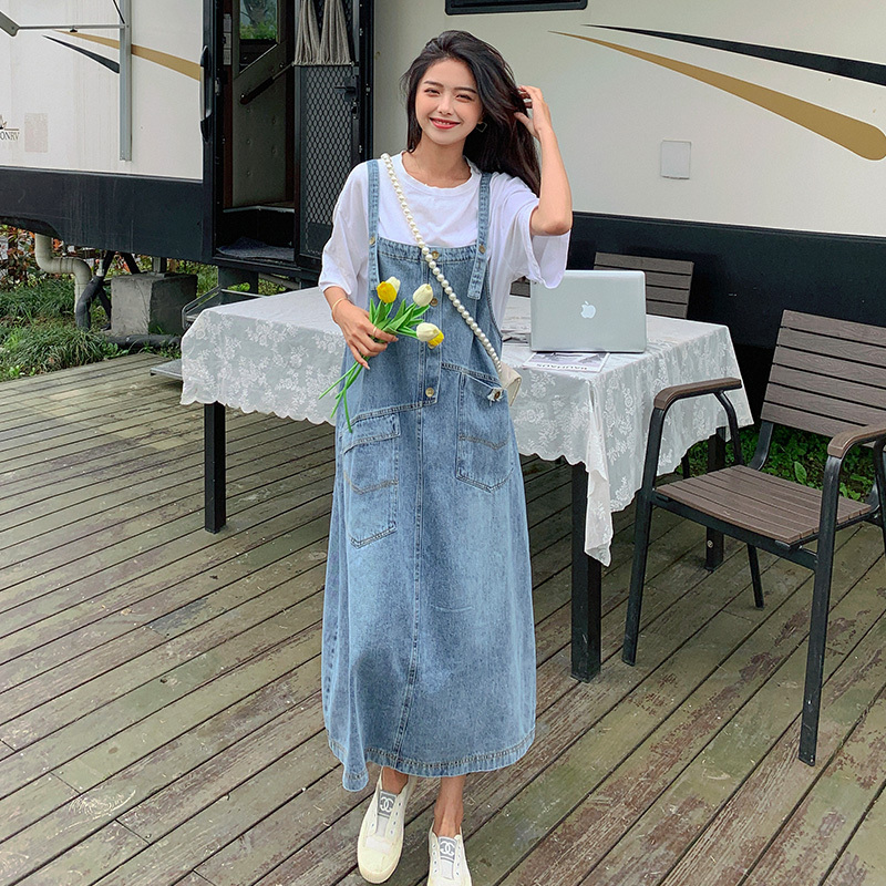Plus Size Women's Clothing, Fat mm (Short for Plus Size) Mid-Length Denim Overalls Dress That Covers the Belly, Hides the Body Fat, and Makes You Look Slimmer with a Stylish Design