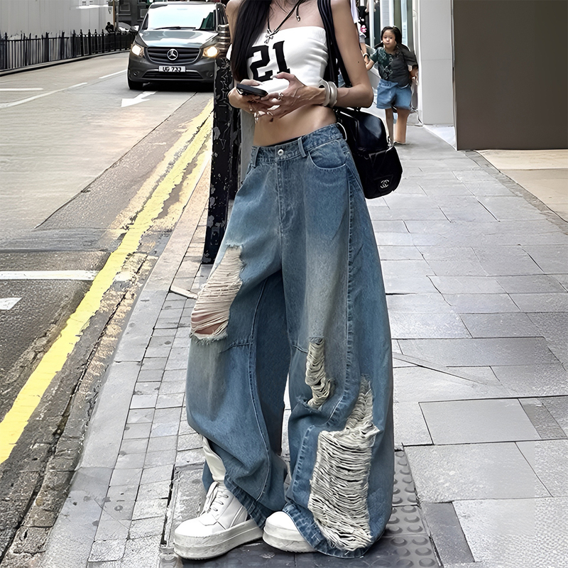 150kg Extra Large Size Fat mm Retro Blue Hot Girl Style Ripped Jeans for Women Summer High-Waisted Slimming Straight Pants
