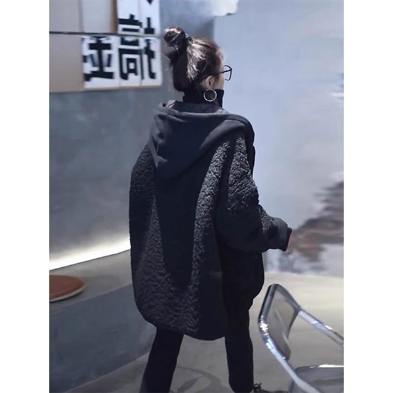 Plus Size Women's Black Lamb Wool Cotton Coat, Winter High-End Korean Style Warm Cotton Jacket, Trendy Outerwear Plus Size Women's Black Lamb Wool Cotton Coat, Winter High-End Korean Style Warm Cotton Jacket, Trendy Outerwear