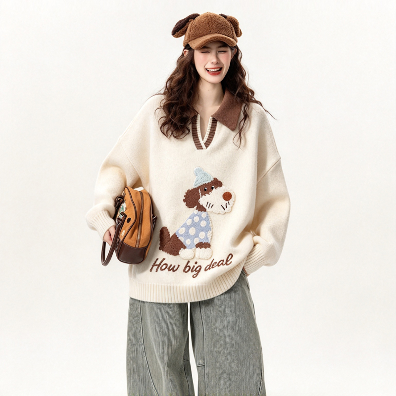 Plus Size Women's Sweet Style Jacquard Lapel Knit Sweater for Autumn and Winter, Loose Fit in Apricot Color, Slimming Sweater for Chubby Women Plus Size Women's Sweet Style Jacquard Lapel Knit Sweater for Autumn and Winter, Loose Fit in Apricot Color, Slimming Sweater for Chubby Women