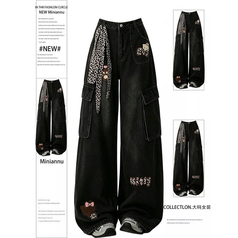 Plus Size Women's Clothing Black Cartoon Embroidered Wide-Leg Jeans Relaxed Fit American Style Design Pants for Women Plus Size Women's Clothing Black Cartoon Embroidered Wide-Leg Jeans Relaxed Fit American Style Design Pants for Women