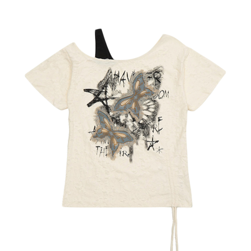 Plus Size Women's Clothing American Style Spicy Girl Butterfly Embroidery Off-Shoulder Short-Sleeve T-Shirt for Women 2026 Unique and Super Pretty Top