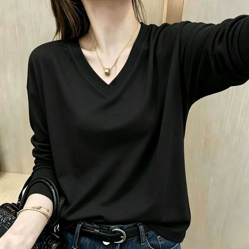 100% Cotton V-Neck Long-Sleeved T-Shirt for Women, New Autumn Style, Large Size, Korean Style, Simple Loose-Fitting Bottoming Shirt, Trendy Inner Top