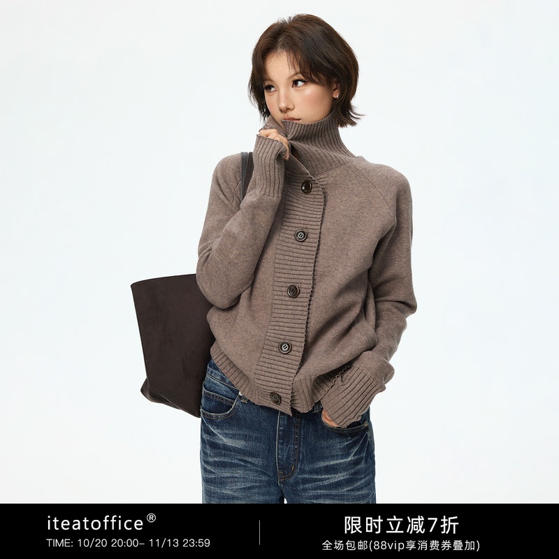 Iteatoffice* Original Design Stand-Up Collar Wide Placket Autumn and Winter Sweater Knitted Cardigan Jacket