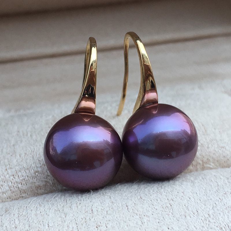 Purple Edison Pearl Earrings for Women, High-Heeled Shoe Style, Perfectly Round, Flawless, Deep Purple