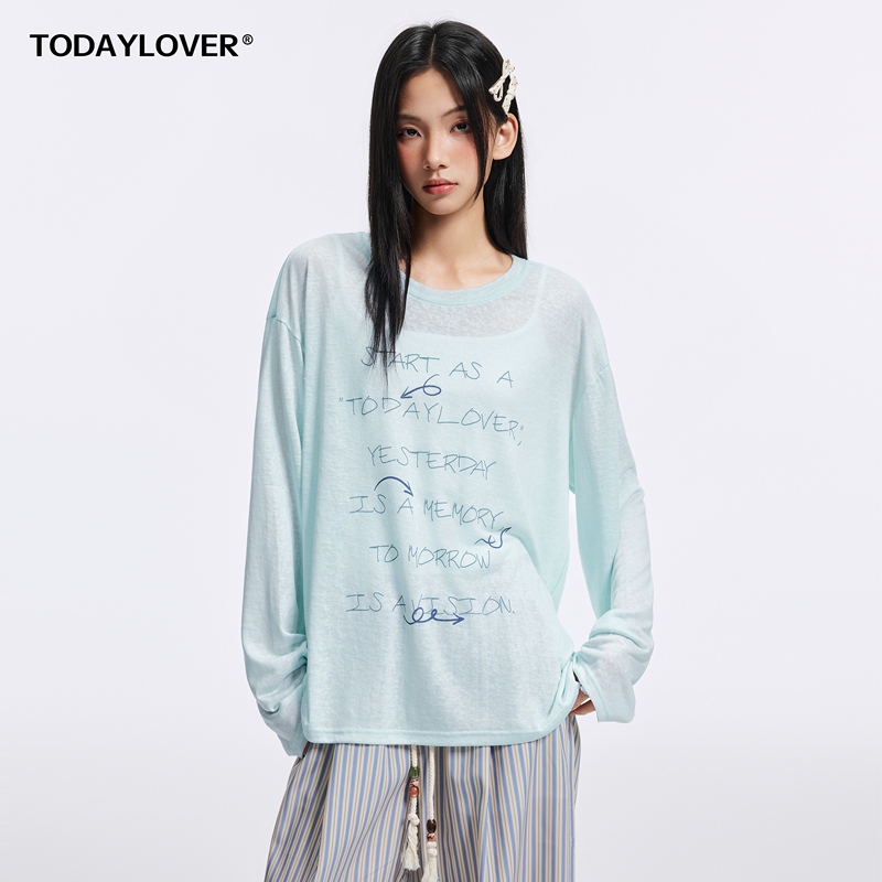 Todaylover Lyocell Tencel Round Neck T-Shirt for Women, Summer American Style Couple Letter Print Sun Protection Cover-Up Trendy