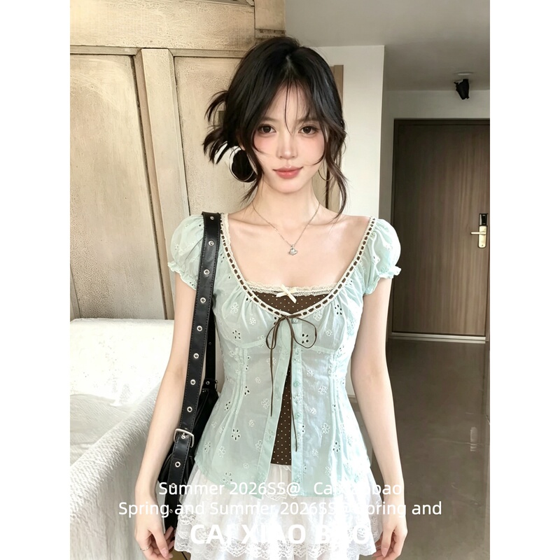 Mint Green Puff-Sleeved Blouse for Women, Summer Sweet Girly Style, Waist-Cinching, Slimming, Fake Two-Piece Short-Sleeved Top Mint Green Puff-Sleeved Blouse for Women, Summer Sweet Girly Style, Waist-Cinching, Slimming, Fake Two-Piece Short-Sleeved Top
