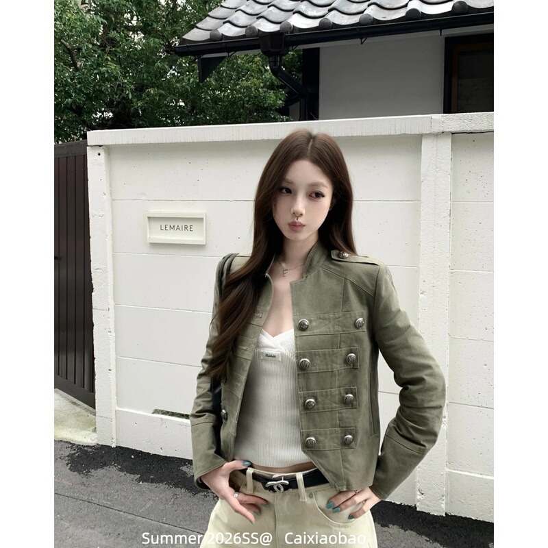 Napoleon-Style Stand-Collar Buttoned Army Green Denim Jacket for Women, Autumn Wear, Niche Design, Short Jacket