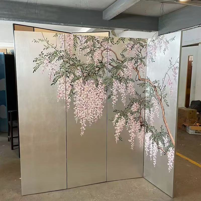 New Chinese-Style Hand-Painted Wisteria Flower Gold Foil and Silver Foil Screen Partition for Office, Bedroom, Hotel Interior Decoration Folding Screen