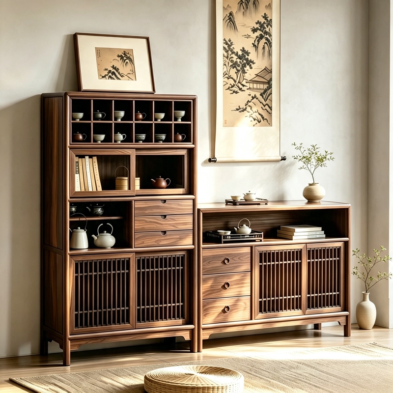 Song-Style Aesthetic Antique Shelf, Old Elm Wood, New Chinese-Style Tea Side Cabinet, Tea Room Walnut Sideboard, Tea Storage Display Cabinet