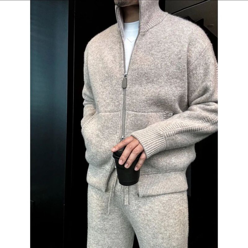 Autumn and Winter New Product Double Zipper Stand Collar Casual Thick Knitted Jacket Men's High-End Fashion Soft Warm Sweater