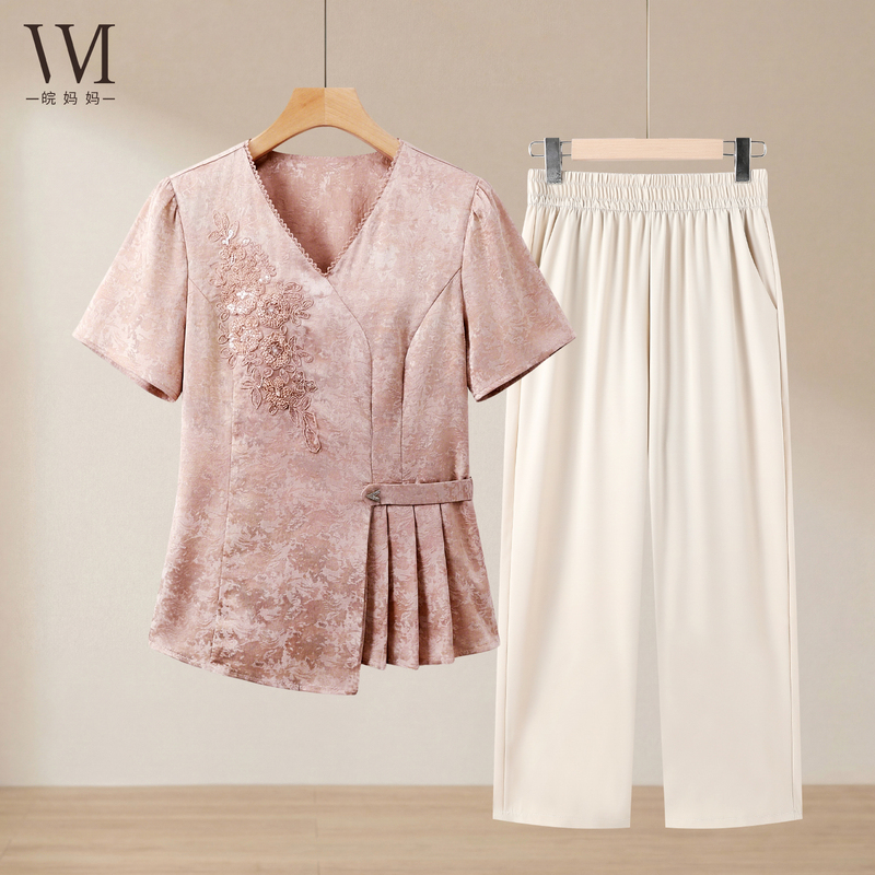 Elegant and Graceful Mother's Summer New Chinese-Style Short-Sleeved Top for Women Aged 40-50, Middle-Aged Women's National Style T-Shirt Set Elegant and Graceful Mother's Summer New Chinese-Style Short-Sleeved Top for Women Aged 40-50, Middle-Aged Women's National Style T-Shirt Set