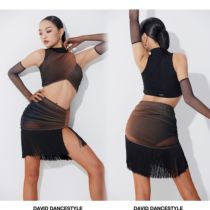 David Dance Costume Latin Dance Costume Female Black Brown Gradient Sleeveless Short Top Tassel Skirt Art Examination Costume Performance Nude Costume